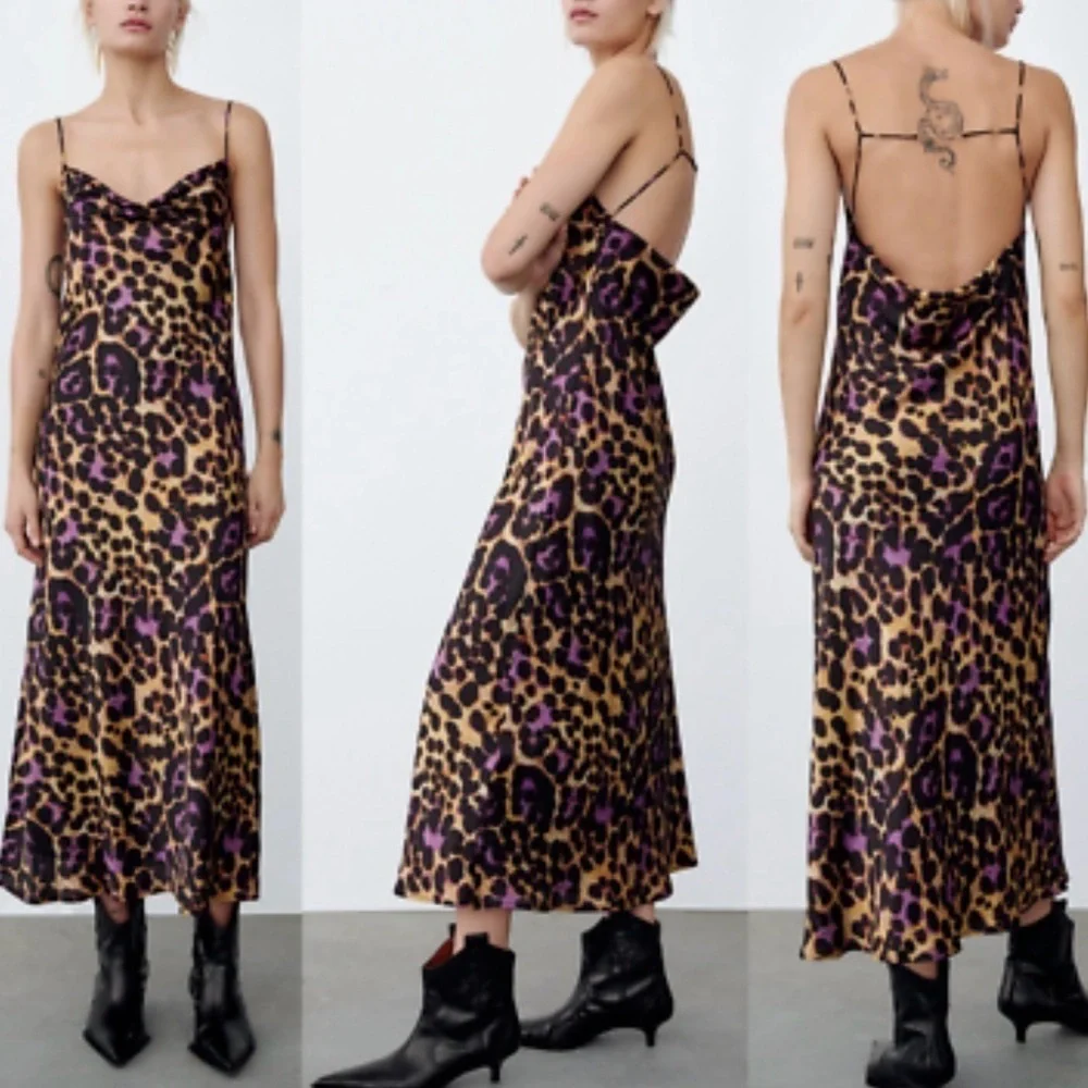 Zara Satin Effect Leopard Purple Slip Spaghetti Strap Midi Dress | Size S